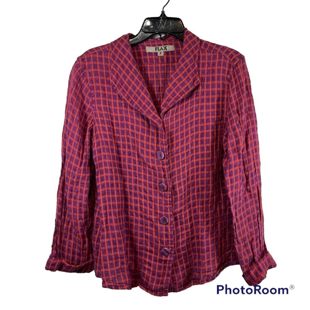 Flax 100% Linen Purple + Orange Windowpane Button Down Blouse Size Woman's Small
